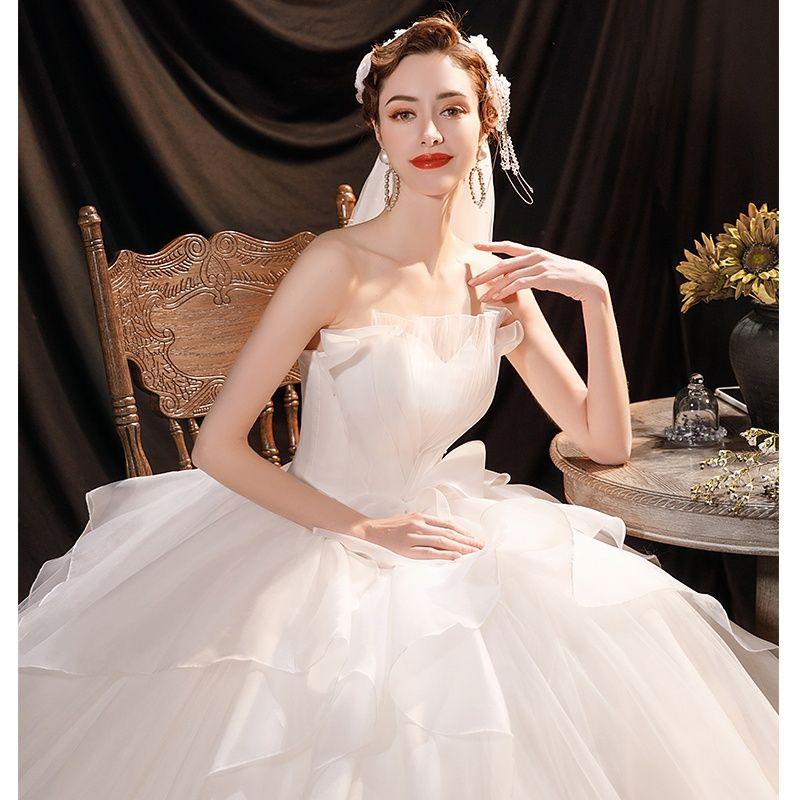 New Strapless French Wedding Dress | Romantic Floral Applique Bridal Gown | Elegant A-Line Floor Length Dress | Trendy Couture Bride Dress