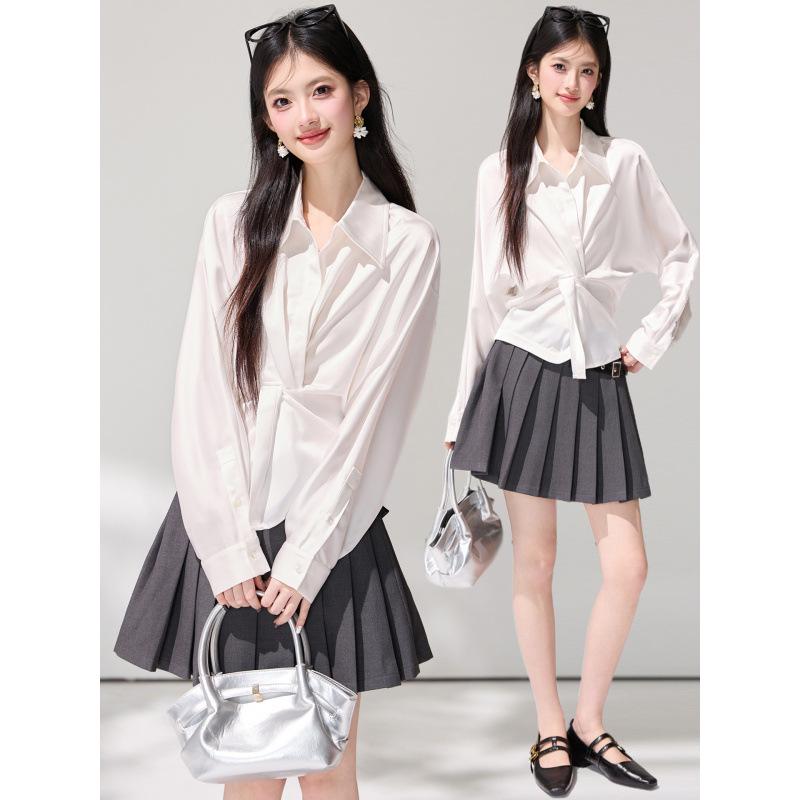 2026 Spring French Satin V-neck Twist Knot Blouse - High-End Chic Commute Top Large белый