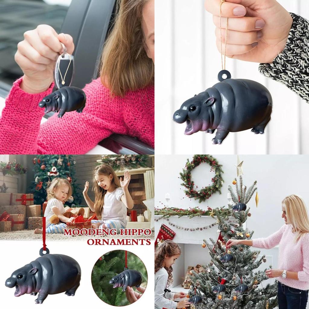 Adorable Moodeng Christmas Hippo Ornament Cartoon Resin Tree Decoration Gift