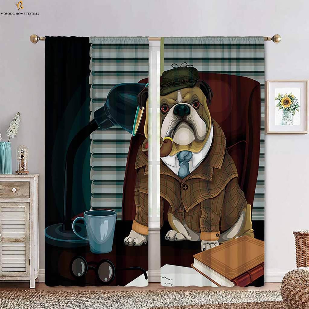 Cartoon Animal Dog Stereo Printing Curtain Bedroom Living Room Dining Kids Decorative Curtains Set Of 2 Made Polyester With Rod Pocket Sitting Decor