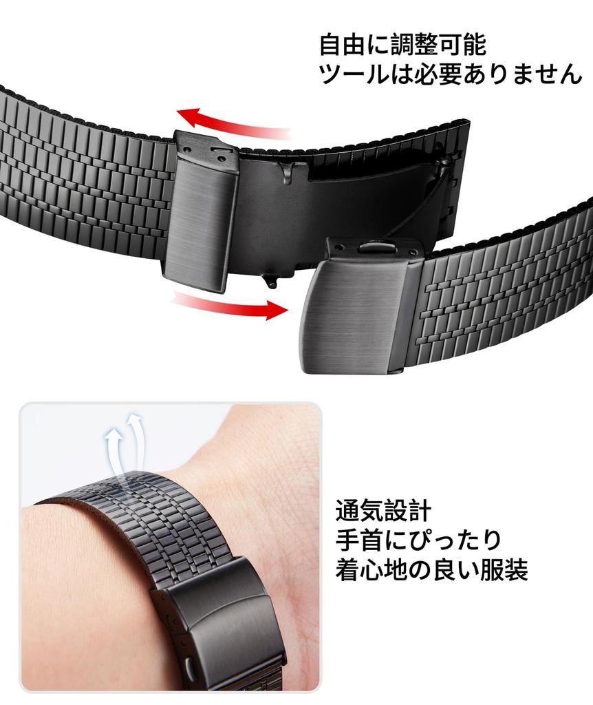 BINLUN Bracelet de Montre en Acier Inoxydable, 12/14/16/18/20/22mm, Bracelet de Montre de Remplacement Ultra-Mince en Métal à Libération Rapide pour Hommes et Femmes (18 mm, noir)