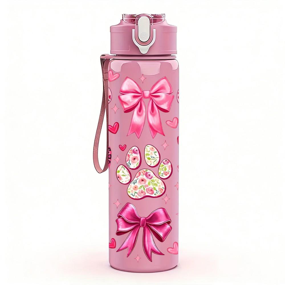 1PC Pink Cherry Blossom Flower Pattern Art 750ml Color Plastic Sports Water Bottle Leakproof Flip Straw Lid Suitable for Sports Office Home Use