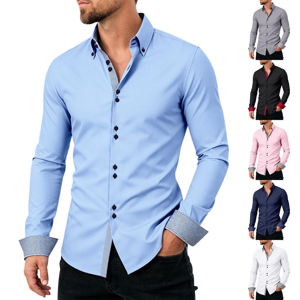 Men's Casual Business Long Sleeve Shirt Stretch Breathable Double Button Collar Slim Fit Dress Shirt for Office Work or Formal Occasions