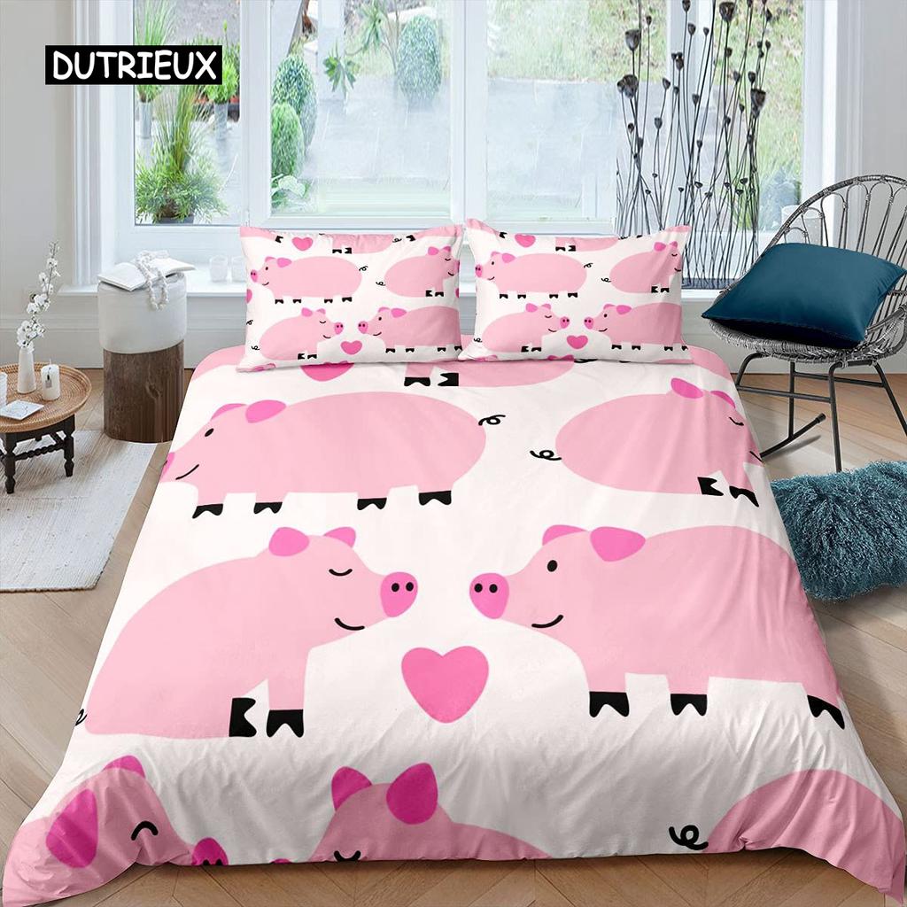 Pig Duvet Cover Set Cute Pig Bedding Set King Size Zoo Quilt Cover Happy Farm Animal Comforter Cover with Zipper Closure for Kid