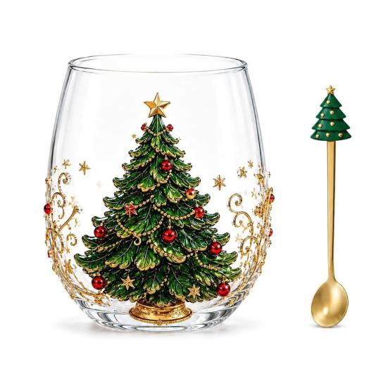 Retro-Stil Feiertagsgeschirr Weihnachts-Glaskunstbecher mit Löffel, Klassischer handbemalter Borosilikat-Design-Becher mit Weihnachtsmann, Rentier, Schneemann, Glasware