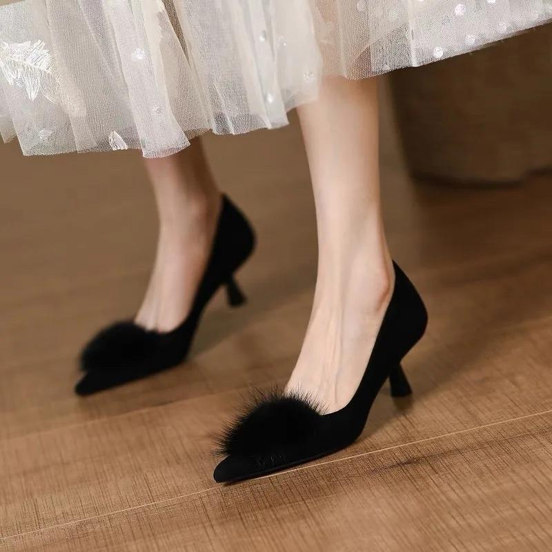 New Women's Pumps Faux Fur Boat Shoes Pointed Toe Med Heels Office Lady Shoes Black Slip On Thin Heels Dress Shoes Autumn