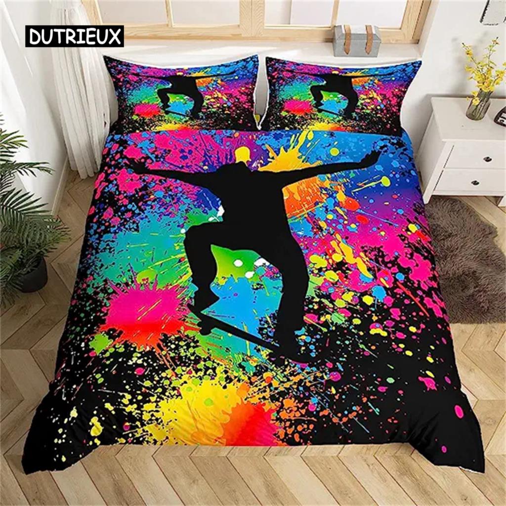 

Skateboard Duvet Cover Skateboard Player Comforter Cover Set Queen Size Hip Hop Hippie Bedding Set Outdoor Extreme Sports Game 140x200cm 3pcs