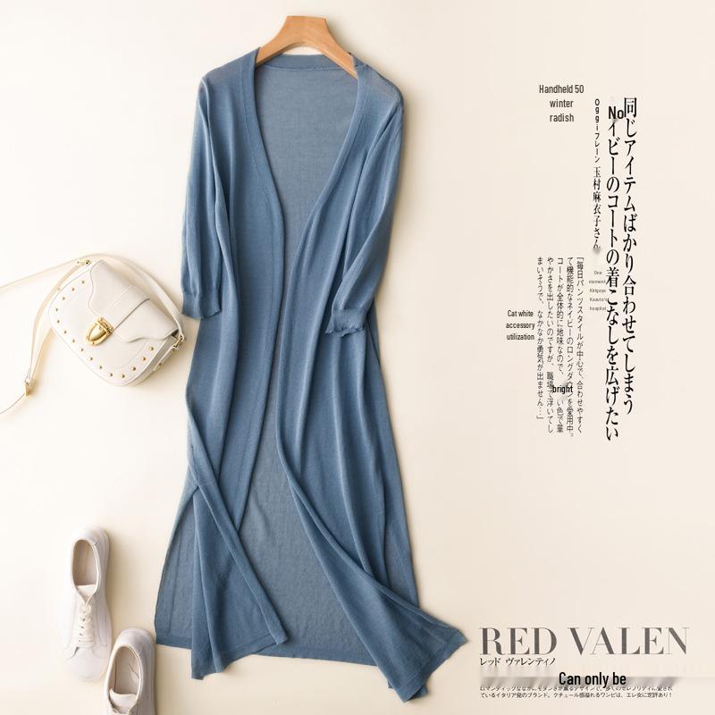 Women's Summer Sun Protection Cardigan - Lightweight, Mid-Length Wool Knit with Skirt, Three-Quarter Sleeve, Ice Silk Outerwear