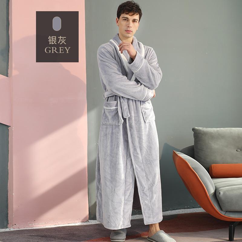 

Парная осенне-зимняя фланелевая пижама, большой размер, мужской банный халат с V-образным вырезом, длинный халат на шнуровке с карманами M серый