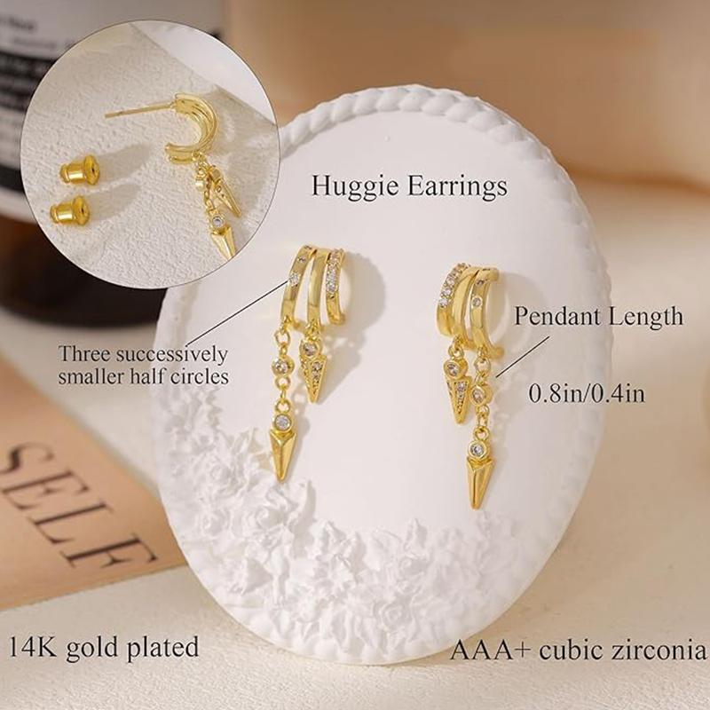 14k Gold Plated Triple Huggie Stud Earrings Cute Statement Chain Earring Dainty Drop Earrings for Women Trendy Jewelry