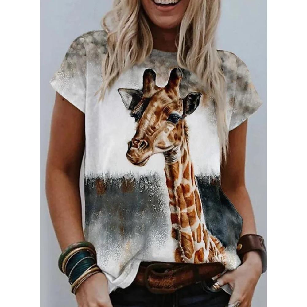 Fashion Women Retro Creative Giraffe Pattern Print T Shirt Funny Casual O-neck Short Sleeves T-shirt Summer Female Tee Shirt