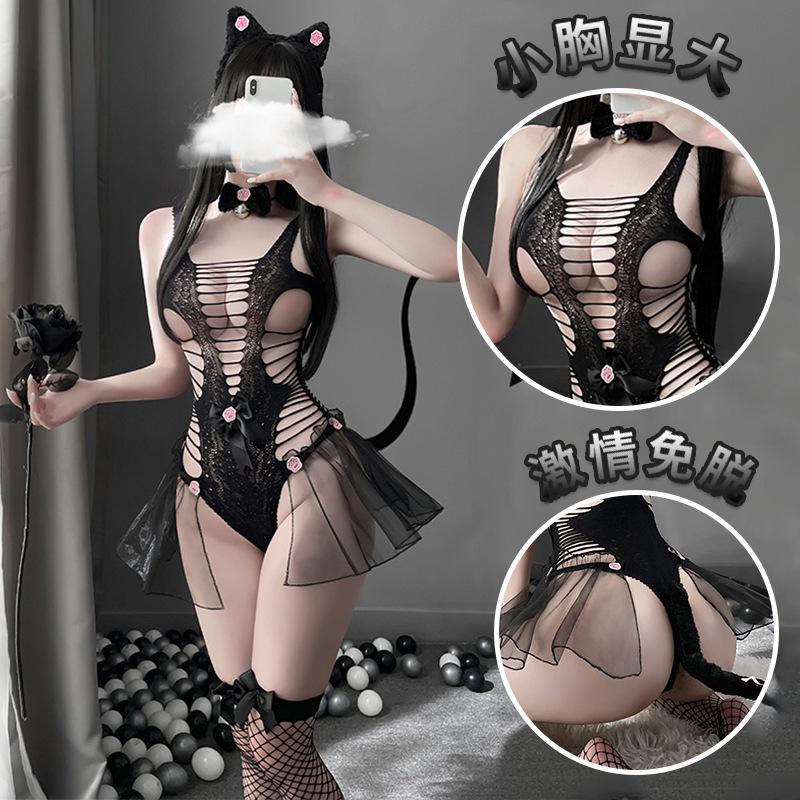 Women Sexy Hollow Out One Piece Suspender Mesh Bodysuit Role Play Lingerie Set