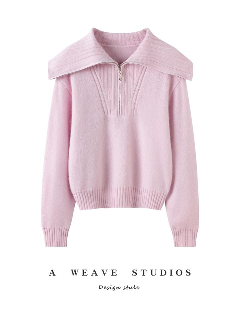 Women's Fashionable Cashmere Knit Sweater: Solid Color, Zip Collar, Loose Fit, Slimming, Comfy & Thick