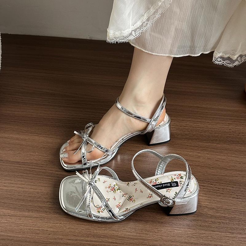 French silver with skirt open-toe with sandals women's 2025 summer new fashion floral thick heel high heels