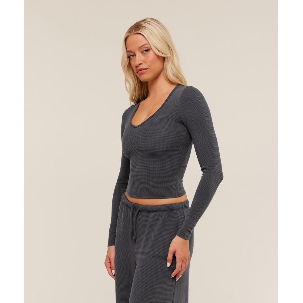 Gymshark Waffle Long Sleeve Top Onyx Grey B2c8p Gb7n