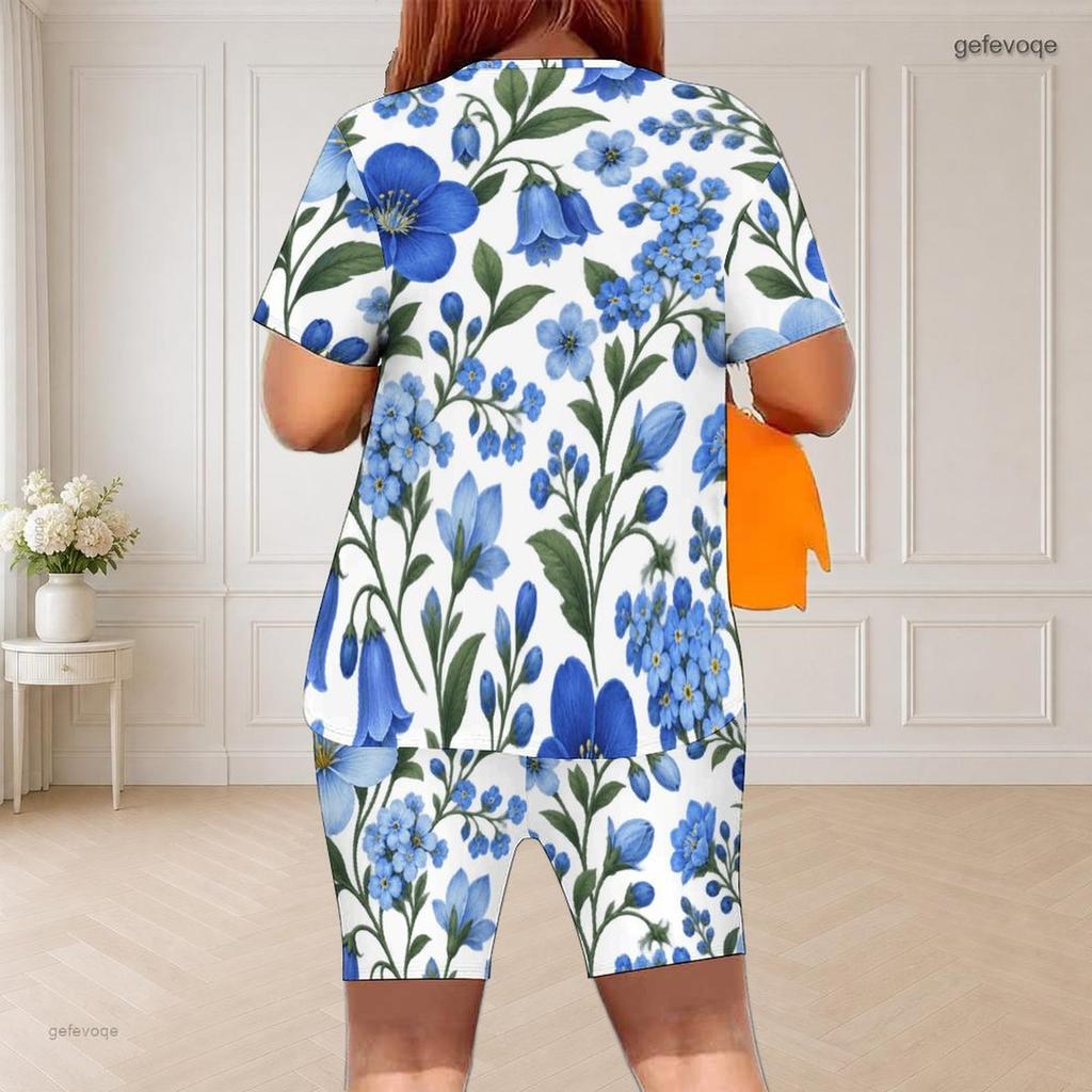 Women Plus Size White Floral Printed Round Neck Short Sleeve Top Fitted Shorts Two Piece Set