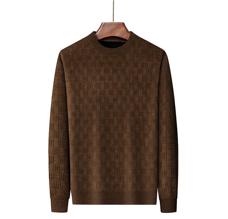 Men's Fleece-lined Jacquard Sweater - Winter Warmth, Round Neck Solid Color Knitwear.