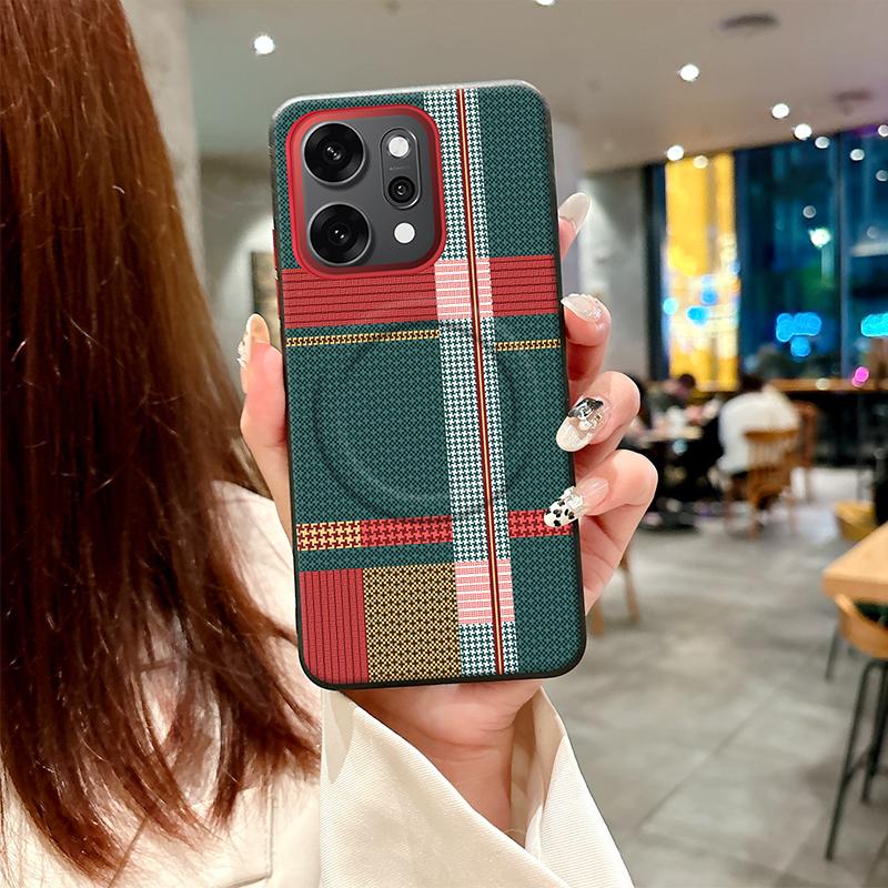 For Oppo Reno14 Pro Case Red Green Stripe Pattern Leather Magsafe Individual Metal Keys Matte Anti-Slip Grip Soft Cover