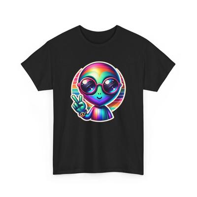 Unisex T-Shirt für Erwachsene Wir kommen in Frieden Alien mit Sonnenbrille Peace-Zeichen Hippie-Shirt