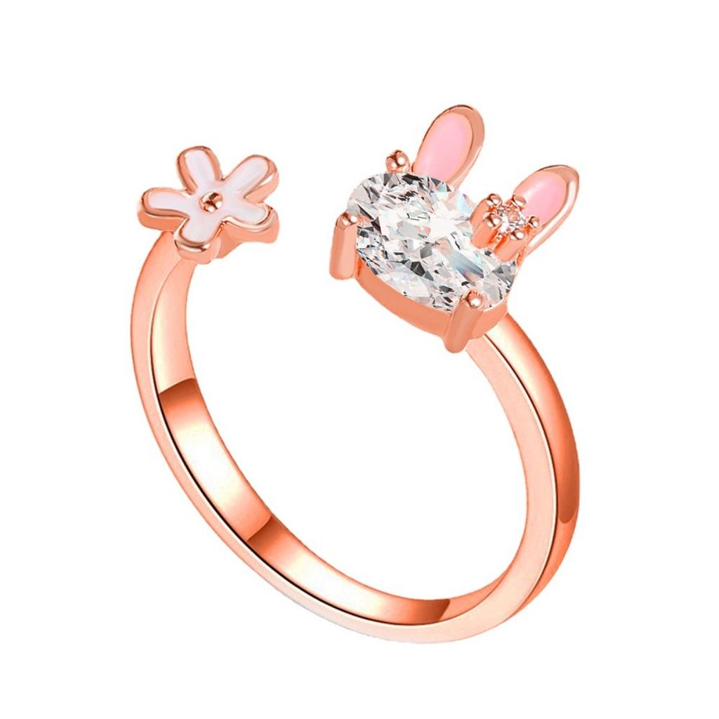 Open Adjustable Rabbit Flower Ring Oval Shiny Stone Pink Ear Enamel Cute Animal Floral Finger Jewelry for Women
