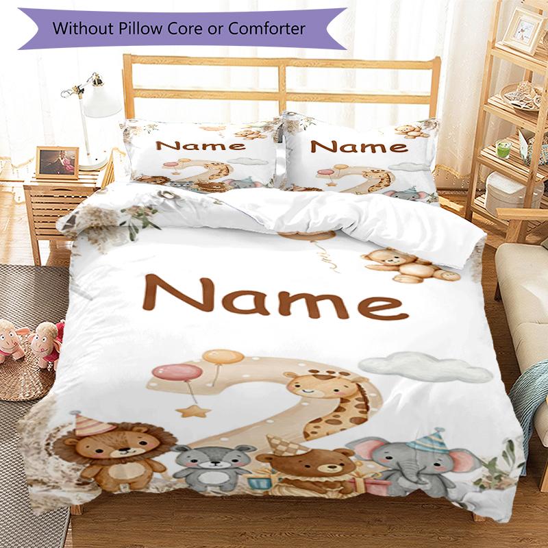 3pcs Custom Name Animals Bedding Set Duvet Cover Closure Includes 1 Duvet Cover & 2 Pillowcases, Soft and Comfortable for All Seasons.
