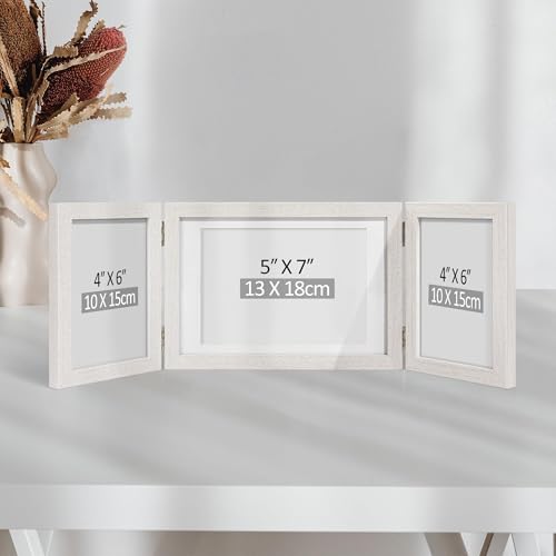 Afuly Photo Frame, Postcard Size, 2L, 3-Panel, Stylish Folding Photo Frame, Tabletop/Wall-Mountable, Wood Grain Finish, White, Perfect Gift for Weddin