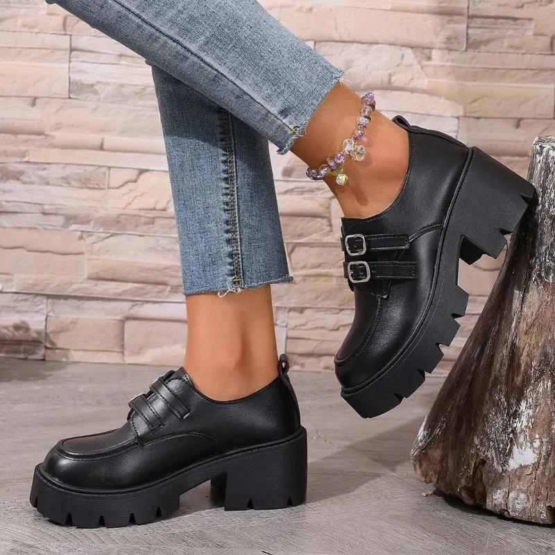 Pluss Størrelse Mote Loafers Dames Høye Hæler Rund Tå Tykke Hæler Plattform Spennestropp Pumps For Klassikere Daglig Kontor