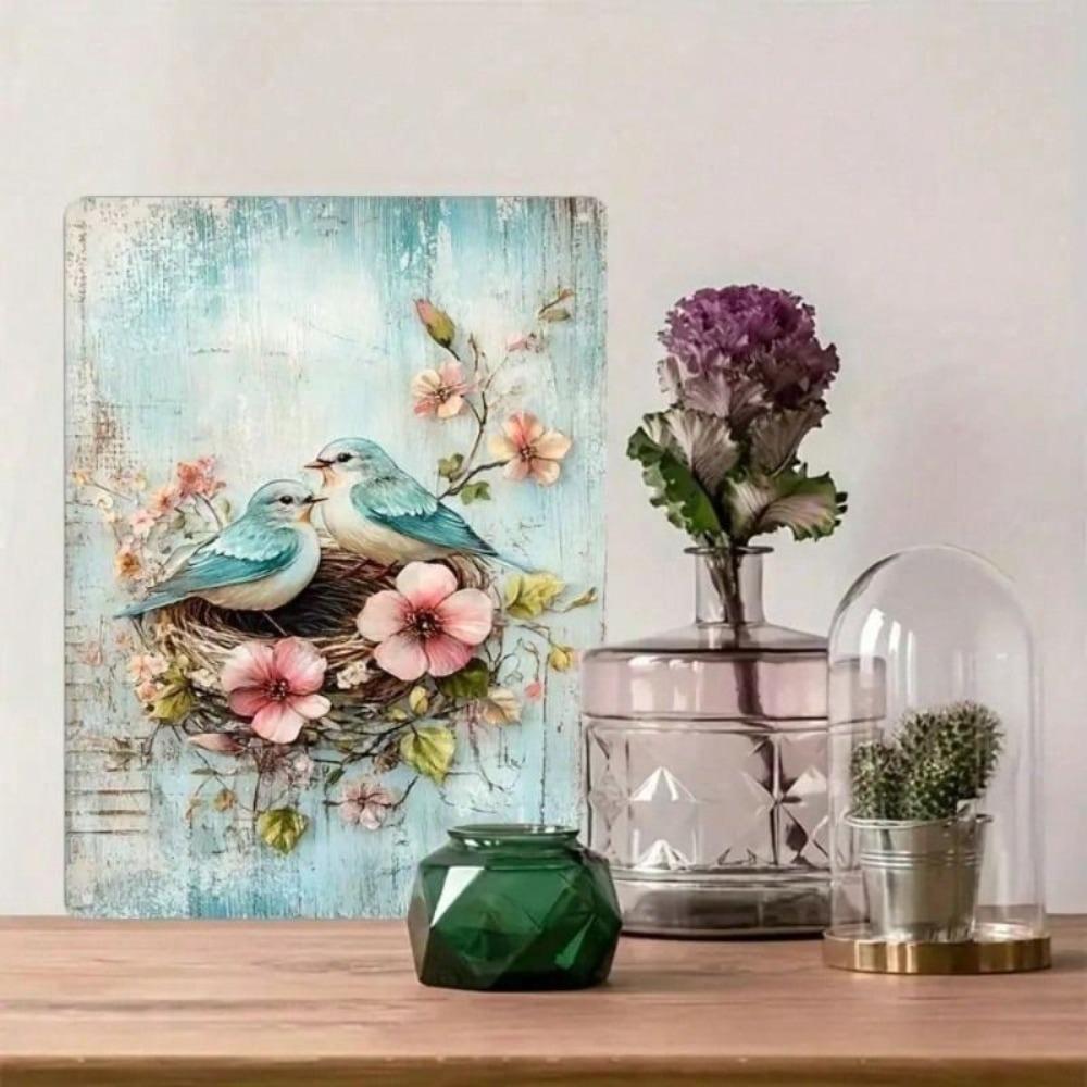 Rustic Bluebird Flower Metal Poster Wall Art Vintage Iron 8x12 Inch