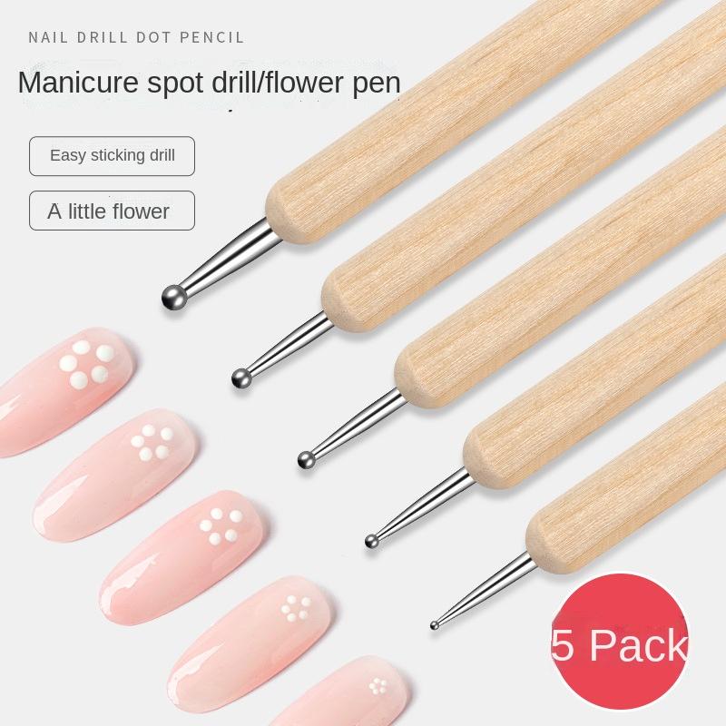 5pc Professional 2 ways Nail Art Dotting Pen Wood Steel DIY Dotting Pens Rhinestones Gem Picker Manicure Tools