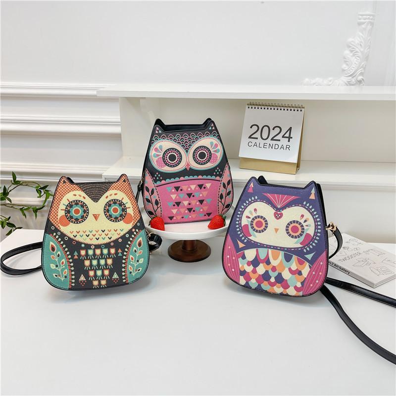 Bags Cute Small Bag Summer 2025 New Japanese Soft Girl Cartoon Owl Shape Shoulder Small Round Bag Pu
