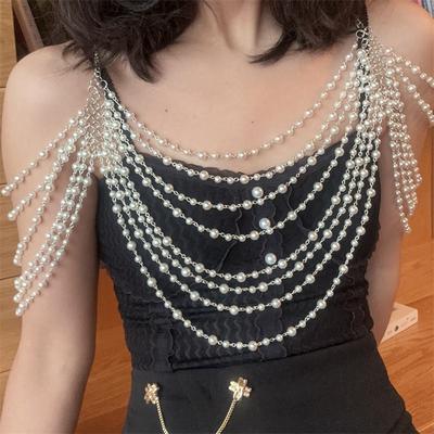 Newest Exaggerated Nightclub Mesh Tassel Hollow Out Pearl Woman Sexy Body Chain For Bride