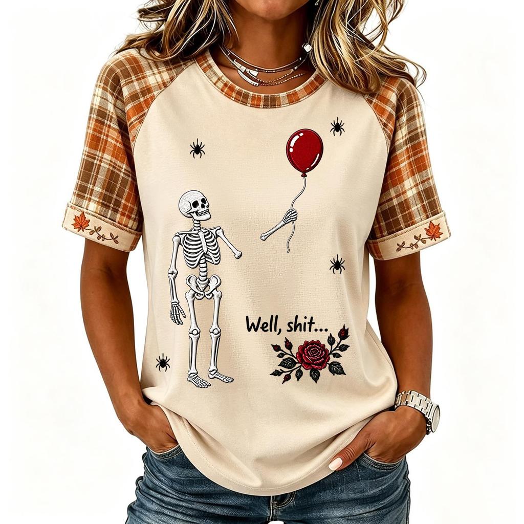 Women's Halloween Short Sleeve T-Shirt Neck Raglan Print Top