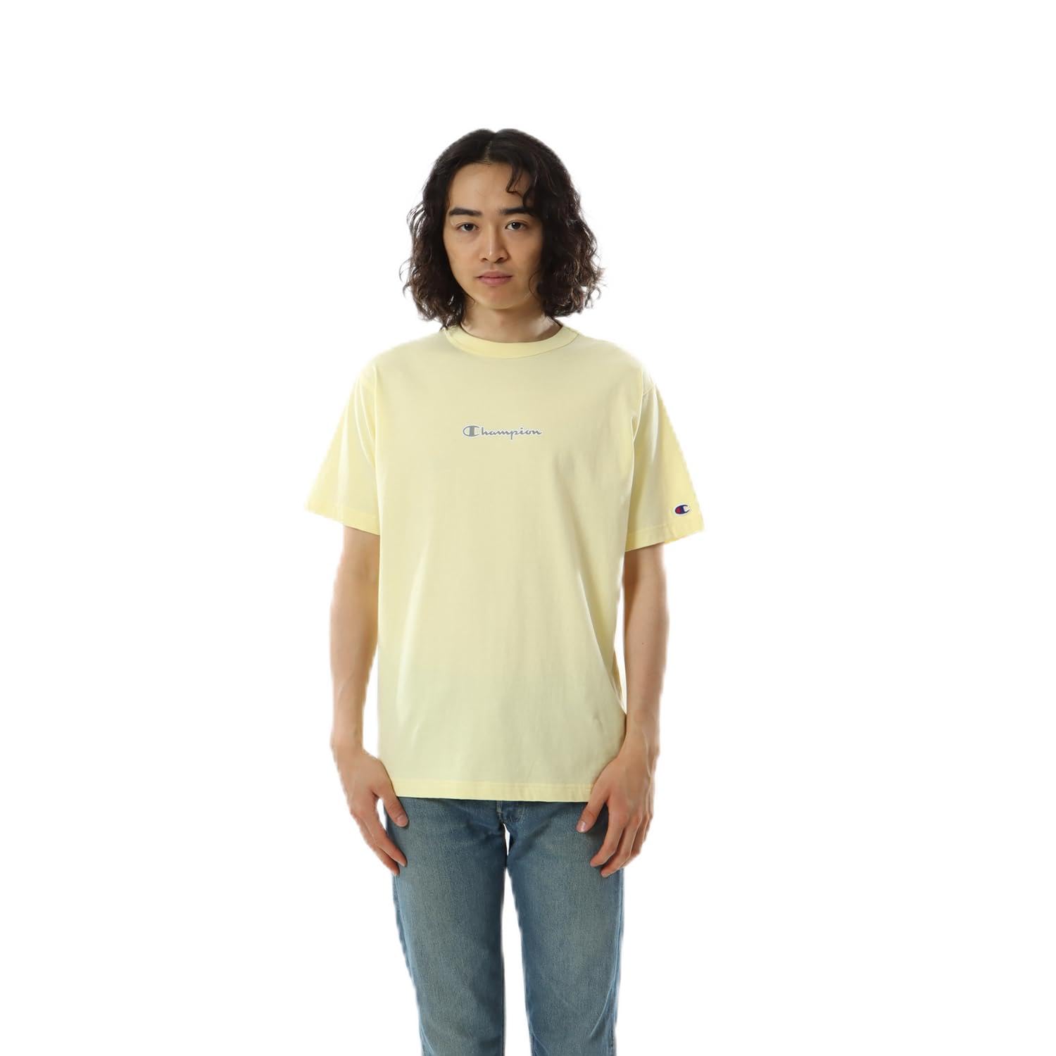 

Champion Basic Short Sleeve Pale Crew Script Logo Men s T-Shirt, Yellow, C3-Z346, 100% Cotton, Neck,