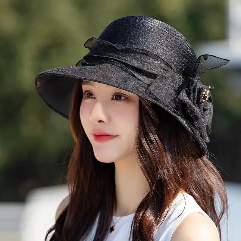 WTEMPO Summer Solid Color Mesh Patchwork Sunscreen Hats Women's Casual Versatile Shopping Fashion Sun Hats with Peral Flower