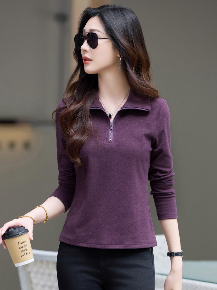 6655 Autumn/Winter Women's Stand Collar Zipper Slim Fit Long Sleeve Solid Color T-Shirt