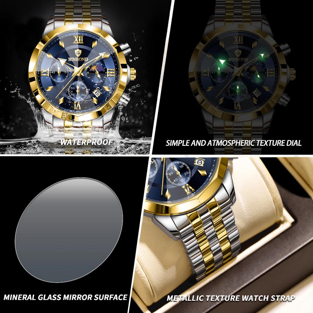 BINBOND Luxury Men's Watches Date Chronograph Stainless Steel Quartz Watch Waterproof Luminous Fashion Man Wristwatch
