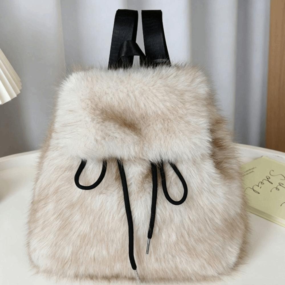 Drawstring Mini Daypack Adjustable Closure Plush Knapsack Y2k Fashion Faux Fur Backpack Travel