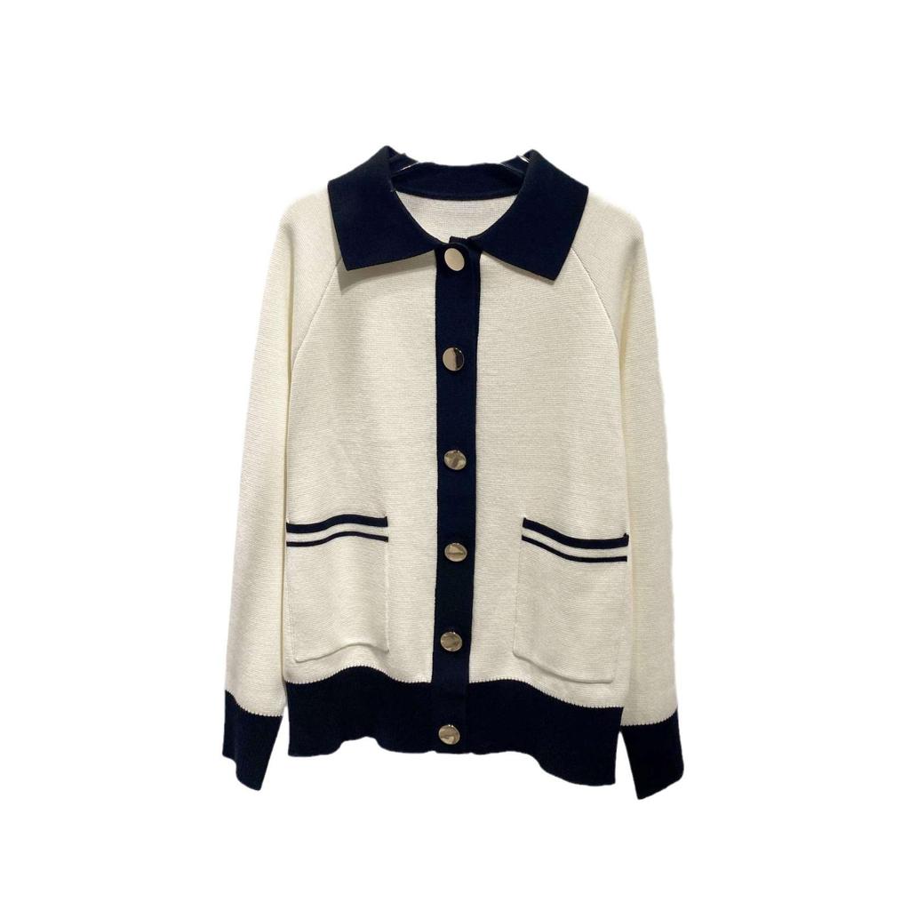 Autumn Winter French Color Block Wool Cardigan - Loose, Casual, Fragrant Lapel Knit Sweater