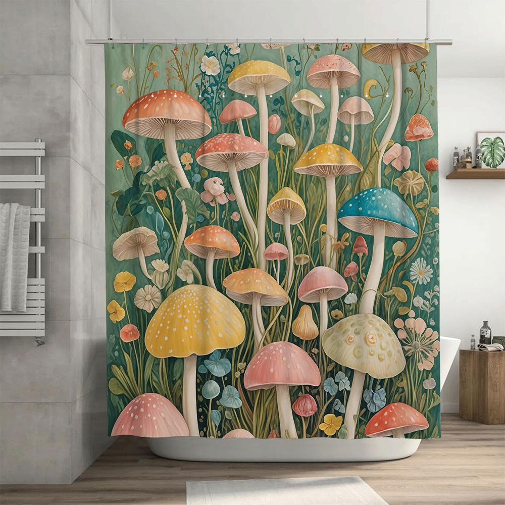 Whimsical Fungi Shower Curtain Multicolored Mushroom Print for Bathroom Decor – Water-resistant Fabric with Hooks Set (Size: 69x