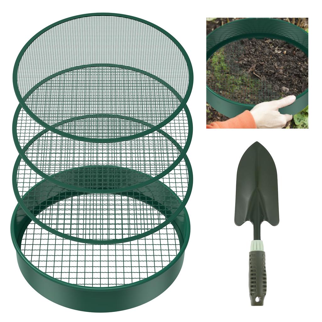 Soil Sifter 11.8inch Portable Metal Garden Sieve with 4 Interchangeable Filter Mesh Sizes 3/6/9/12mm Multifunctional Dirt Sifter