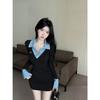 [Sheep Wool Grinding] College Style Plaid Splicing Lapel Fake Two-piece Dress Spice Girl Knitted Hip Skirt Short