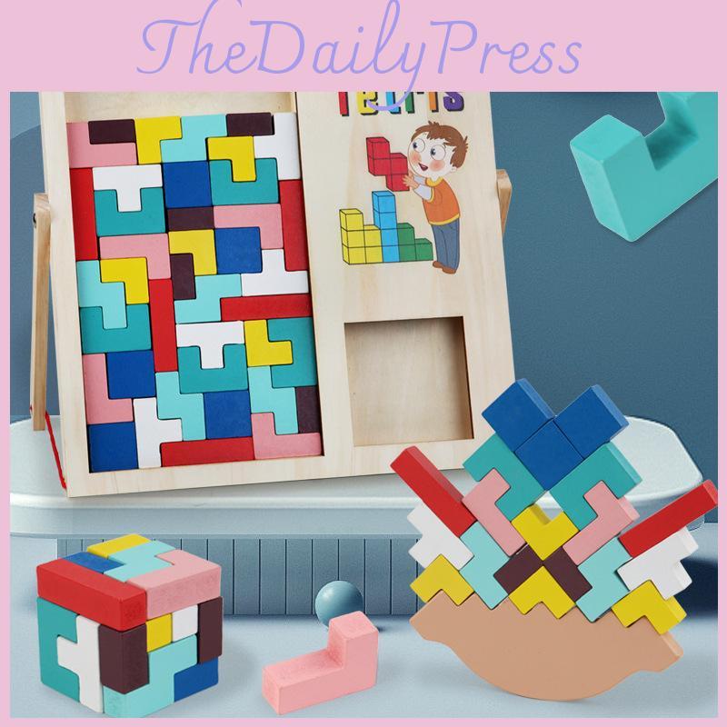 Wooden Balance Tetris Blocks Kids Cognitive Skills Building Play Educational