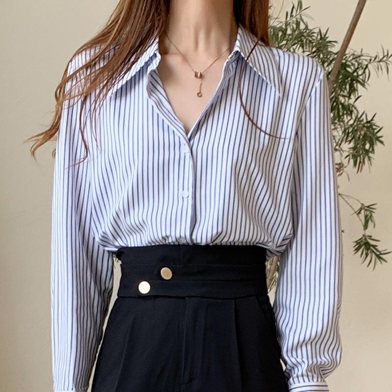 2026 Stylish Women s V-Neck Striped Chiffon Shirt - Loose, Versatile, Professional, Long Sleeve Top for Spring/Autumn L