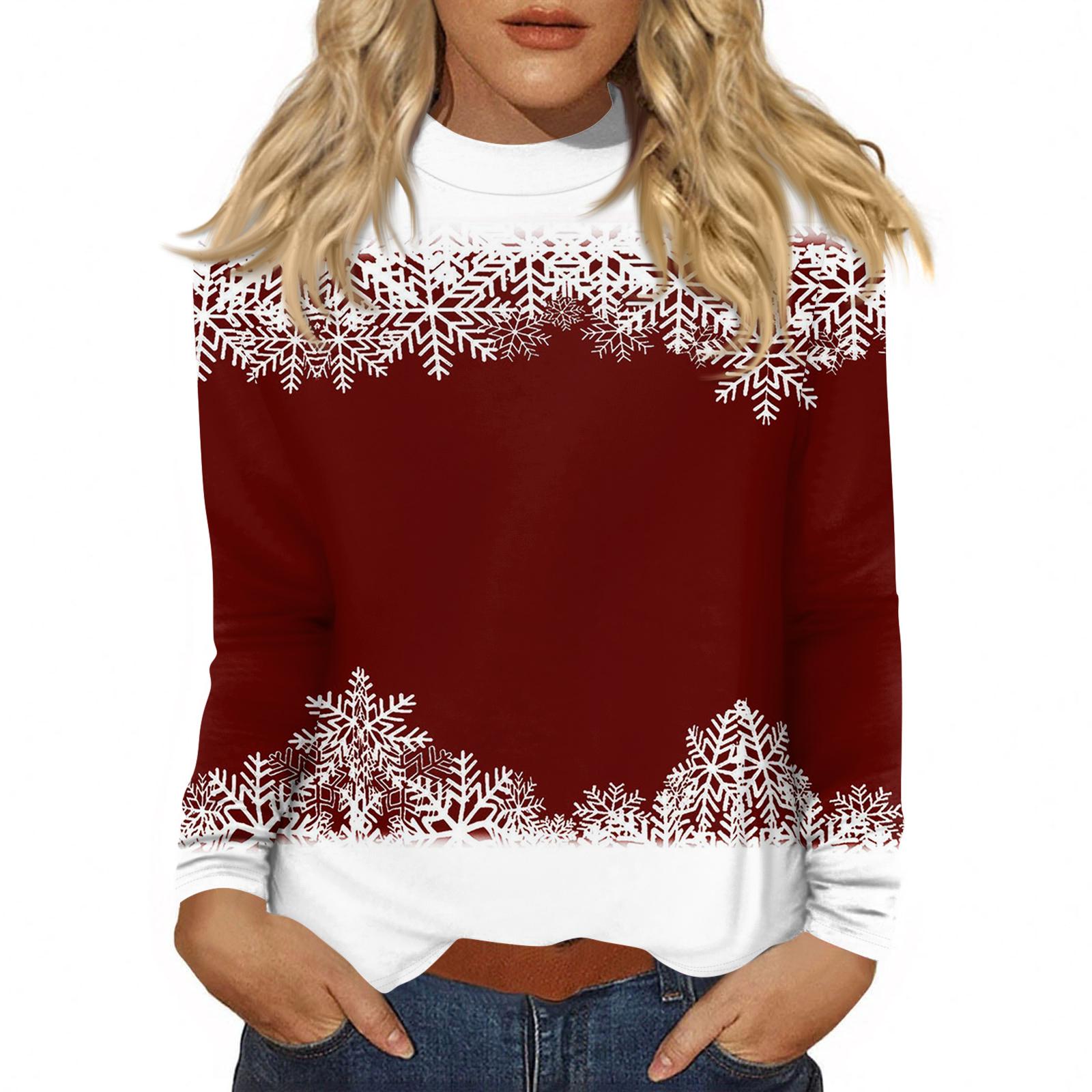 

Women Fall Casual Long Sleeve Shirts Sweatshirt Vintage Printed High Neck Top Pullover XL винний