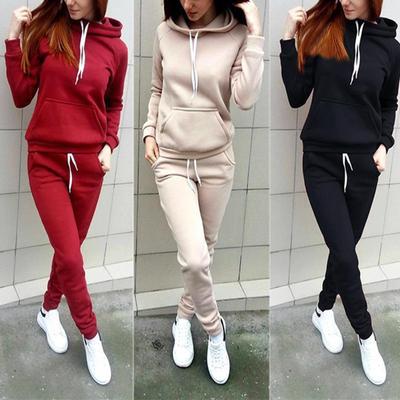 Women's Fleece Long-Sleeve Hooded Sportswear Set for Autumn & Winter - European & American Style, High Elasticity