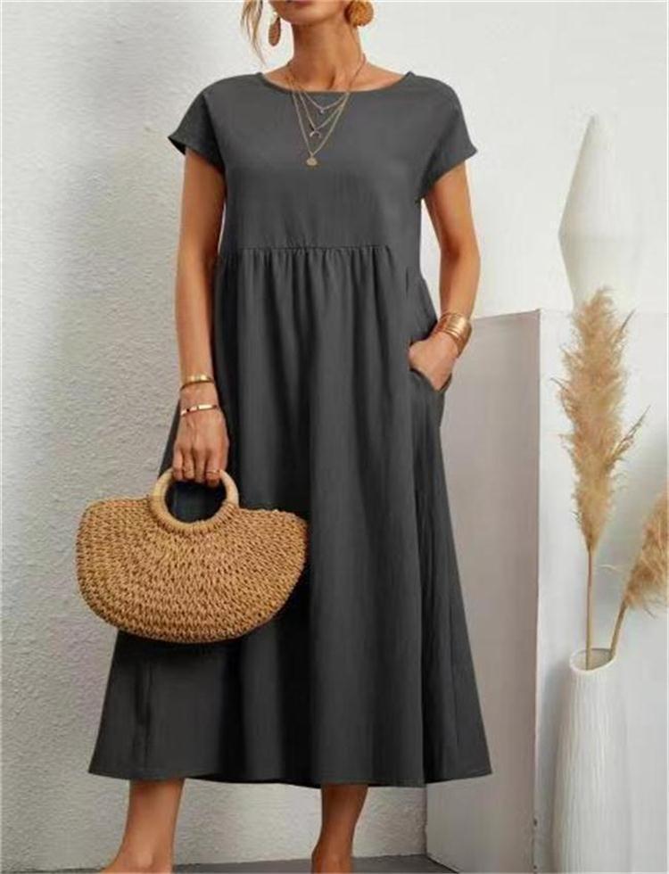 Summer Women Casual Loose Fit Sleeveless Cotton Linen Dress Solid Color Pocket