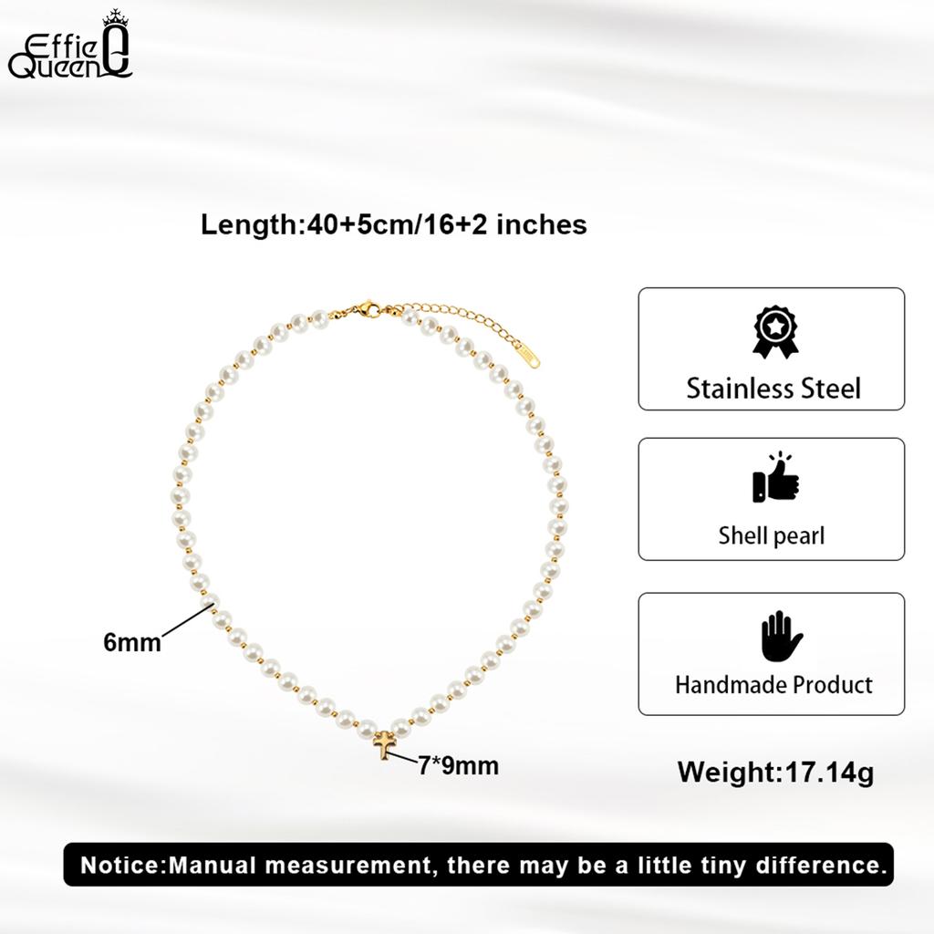 EFFIE QUEEN Stainless Steel 18k Gold Round Pearl Beads Ball Chain Choker Necklace Natural Jewelry for Women Wedding Party STPN07