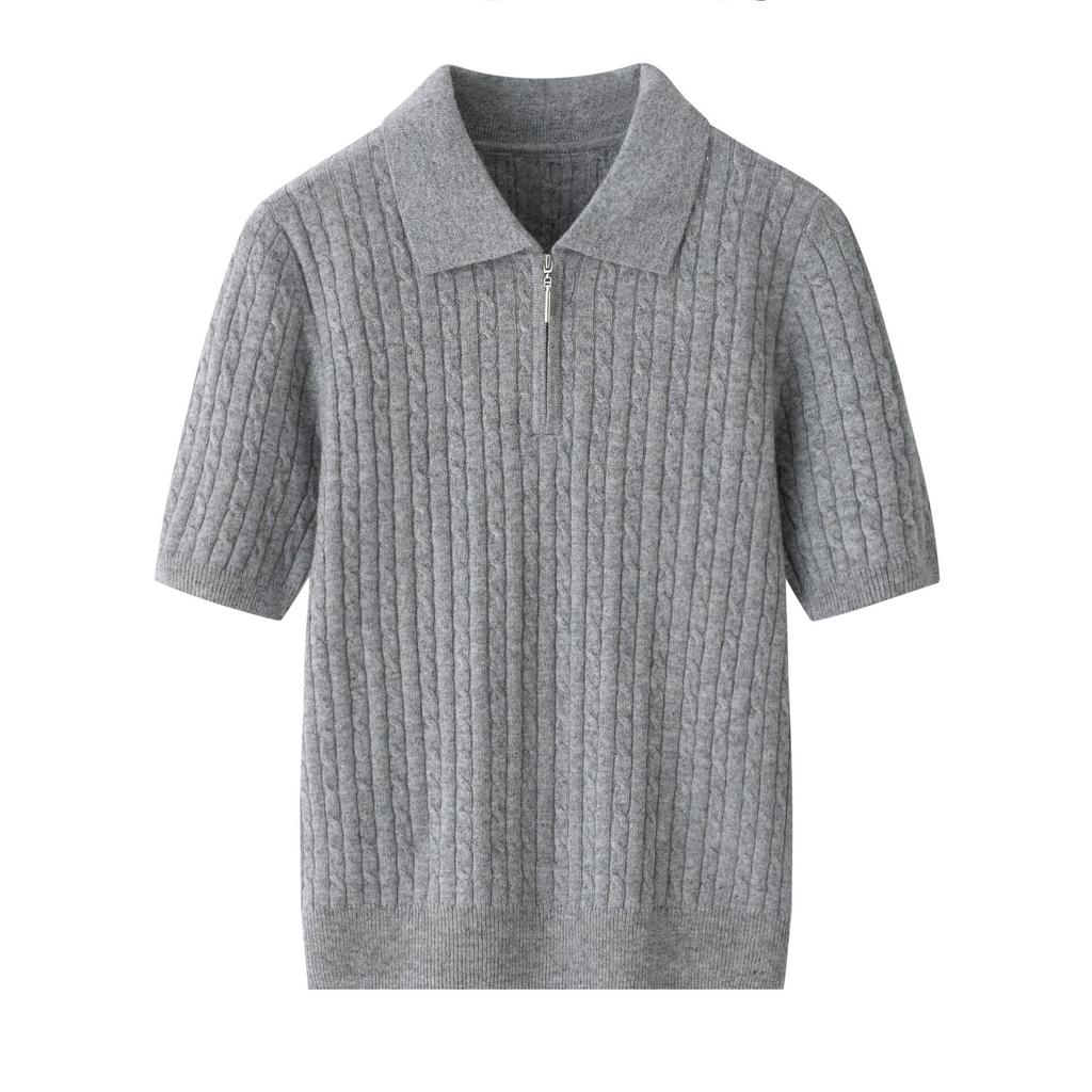 Korean Style Twisted Cable Knit Polo with Retro Cashmere Short Sleeves