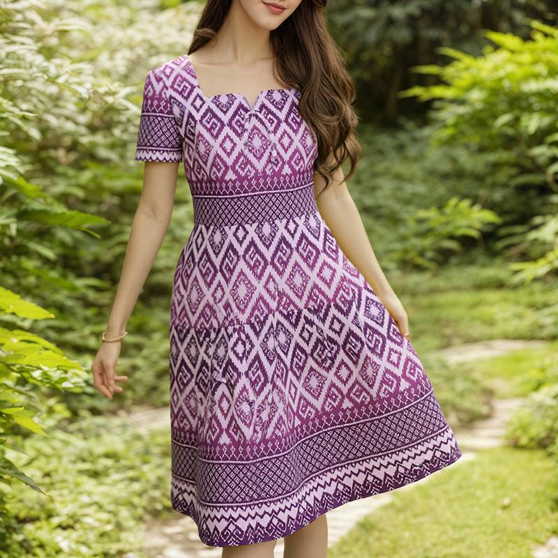 ZANZEA Women Casual Square Neck Short Sleeve Summer Print A-line Dress