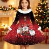 Kids Long Sleeve Christmas Dress, Merry Christmas Print Faux Fur Collar Bow Decor Princess Dresses for Girl Holiday Party Wear